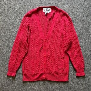Vintage Rue Britannia Red Cable Knit Deep V Neck Long Cardigan Sweater Size 2